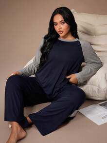 Lazeform Plus Size Women American Casual Raglan Sleeve Round Neck Long Sleeve Top & Straight Leg Pajama Set Plus Size Loungewear Set 2 Pieces Lounge Sets Woman Long Sleeve Lounge Set Plus Size Long Sleeve Lounge Set Loungewear Set, Fall & Winter Clothes - Navy Blue - View 6
