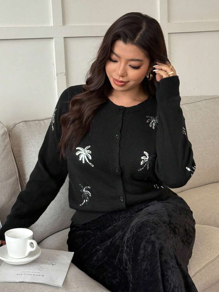 Dazy Plus Plus Size Women Glitter Snowflake Cute Christmas & New Year Casual Long Sleeve Cardigan Sweater, Autumn/Winter