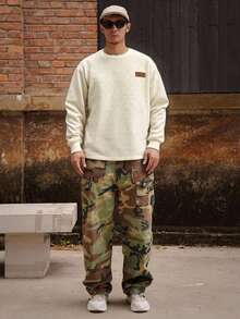 DAZY Camiseta de manga larga de unicolor beige con diseño de puños acanalados para hombre, otoño - Beis - Ver 3