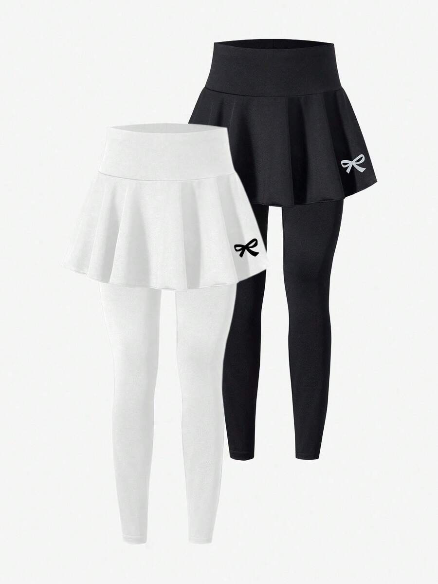 SHEIN 2件套 少女休闲百搭芭蕾舞运动蝴蝶结裙裤 - 黑色 - 查看 1