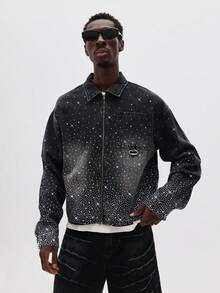 SUMWON Áo khoác denim đính đá lấp lánh cỡ lớn dáng hộp, trang phục thường ngày, dự tiệc mùa đông - màu đen - Xem 4