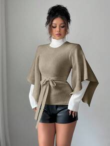 Elenzga Women's Solid Color Round Neck Bell Sleeve Knotted Waist Fashionable Sweater, Autumn/Winter - Mocha Brown - View 3