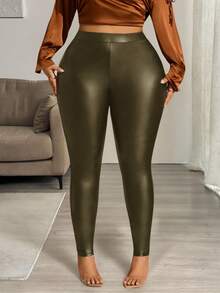 Hourglow Pantalones de otoño para mujer, pantalones de cintura alta de unicolor de piel sintética de talla grande para mujer, para la temporada de otoño/invierno, para silueta de reloj de arena - Verde - Ver 6