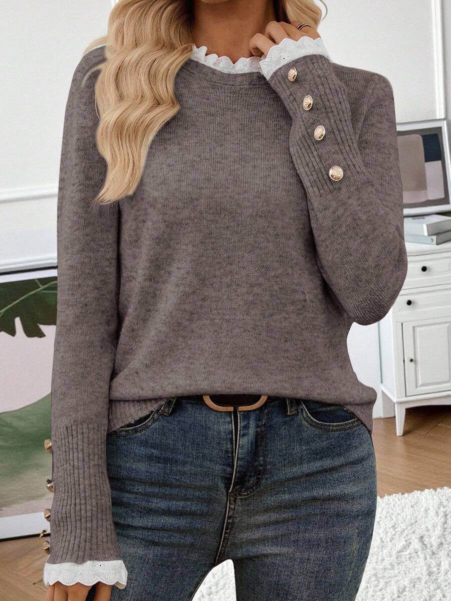 EMERY ROSE New Autumn/Winter Lace Trim Mock Neck Pullover Sweater, Versatile & Elegant Design For Women,Sweaters For Women - Mocha Brown - View 1
