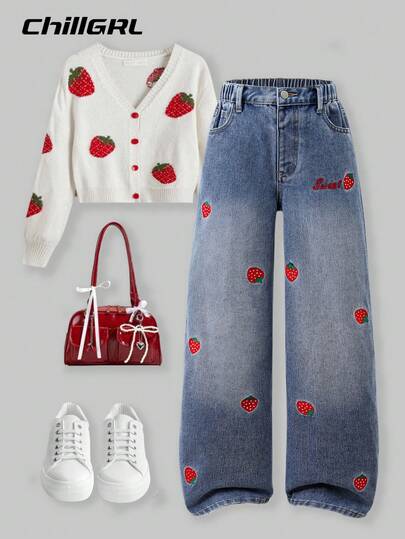 SHEIN Denimly New Spring/Summer Women's Loose Fit Light Blue Denim Wide Leg Jeans, Soft Denim Fabric Like Being Wrapped In Clouds, Heart Embroidery Detail, Elastic Waist Design For Comfort, Suitable For Campus, Street, Dates, Outdoor Activities, And Everyday Wear