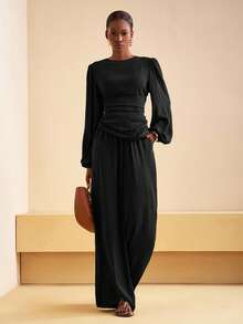 Zivah 2025 秋季新款音乐节、复活节、圣帕特里克节、西部风、游牧风、生日派对、毕业典礼、学院风、学生装、休闲百搭日装、基础百搭、休闲、邮轮旅行、海滩、流行趋势、街头服饰、婚礼宾客波西米亚风、通勤、早午餐、机场、派对、节日装束、不对称下摆长袖缎面衬衫和阔腿松紧腰裤两件套 - 黑色 - 查看 6