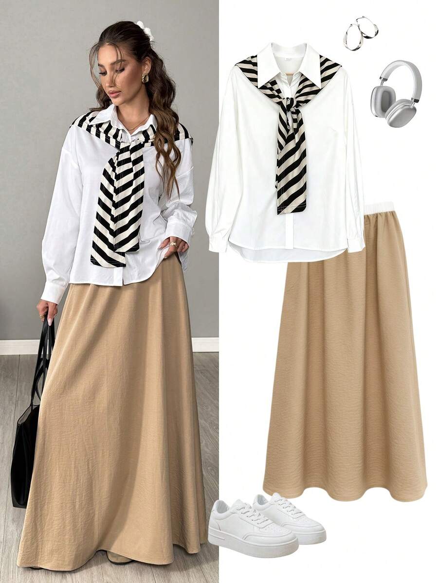 SHEIN LUNE Fall Winter 2025 Women Women's Fashion Business Shirt And Skirt 2 Pieces Set White Shirt With Khaki Long Skirt Two Piece Set Women Casual Blouses For Ladies Autumn Clothing Korea Casual Outfit For Women Casual Women's Set Two Piece Set For Women White Top 2 Piece Skirt Sets Woman Modest Skirts 2 Piece Casual Sets Woman Modest Sets For Women