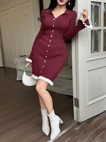 Feyla 拼色修身优雅针织迷你连衣裙，女士秋冬毛衣裙 - 酒紅色 - 查看 3