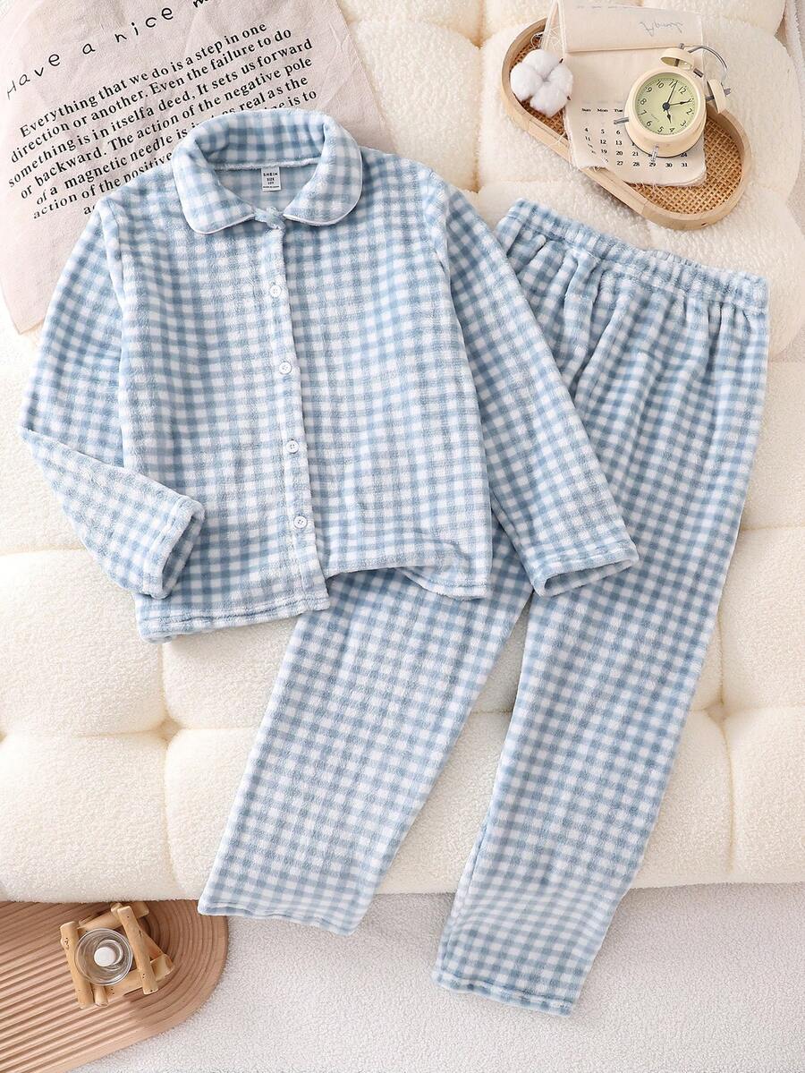 Girls Plaid Fleece Lapel Cardigan And Pants Pajama Set Fleece Pajamas Plaid Pajamas Plush Winter Pajamas Loungewear Fleece Pajamas For Winter Unisex Long Pajama Sets Soft Pajamas Set Kids Collar Neck Pajama Set Light Blue Pajama Set Kids Plaid Pajama Set