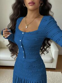 Selianne 女式粉色纹理面料休闲度假风格长袖方领纽扣上衣，带拼接设计和喇叭裙两件套，秋季 - 寶藍色 - 查看 5