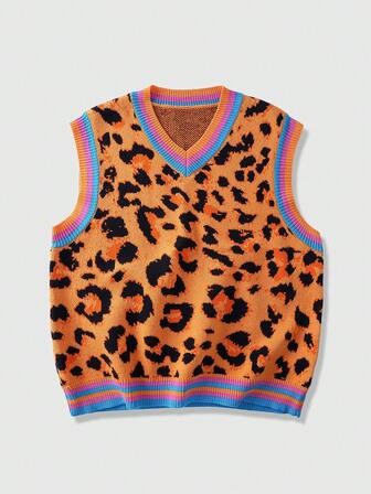 Street Life Chaleco de punto con estampado de leopardo de color contrastante, sin mangas, de estilo casual y elegante para hombres