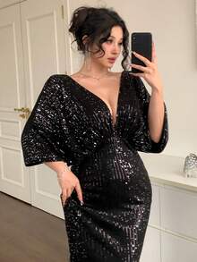 DAZY 黑色迷你连衣裙，闪亮亮片蝙蝠袖深V领露背系带正式礼服，优雅修身美人鱼长裙，适合新年、圣诞节、婚礼、派对、时尚活动嘉年华 - 黑色 - 查看 6