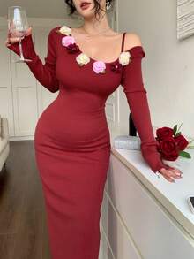 DAZY Váy đuôi cá ôm sát đính hoa thanh lịch dành cho nữ, phù hợp cho năm mới, Giáng sinh, đám cưới, tiệc tùng, váy dạ hội, mùa thu/đông/xuân - Đỏ - Xem 8