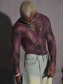 PAVTROS 男士数码网眼豹纹亮片装饰高领长袖T恤，休闲街头风 - 彩色 - 查看 4