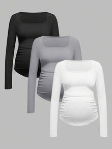 SHEIN Áo thun ôm dáng màu trơn đơn giản dành cho bà bầu, mùa thu - Xám - Xem 7