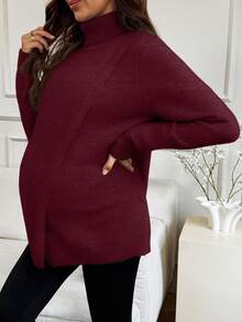 SHEIN 孕妇纯色高领长袖开衩下摆休闲毛衣，秋冬款 - 酒紅色 - 查看 6