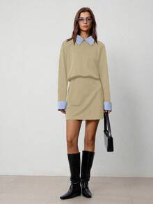 Hanevo 女士翻领条纹拼接长袖运动休闲学院风连衣裙 - 卡其色 - 查看 6