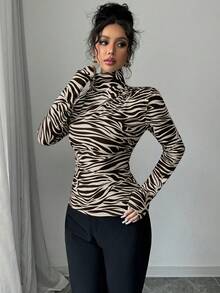 Elenzga 女士优雅圣诞派对高领打底长袖T恤印花图案T恤女式春季上衣动物纹印花高领T恤 - 彩色 - 查看 3