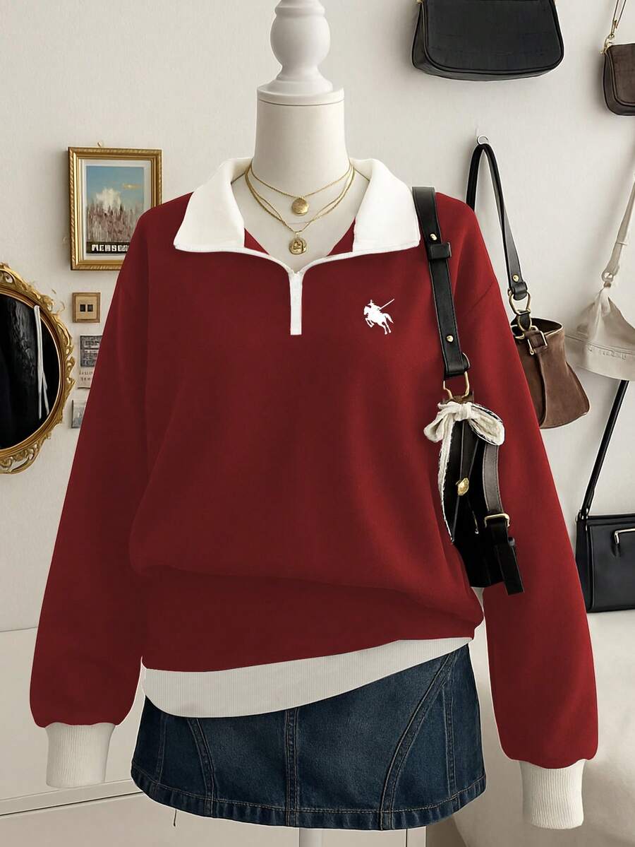 Women's Colorblock Zip-Up Polo Collar Long Sleeve Casual Sweatshirt With Knight Print - Red - View 1