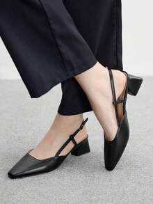 CUCCOO BIZCHIC 女士尖头粗高跟鞋黑色后带时尚简约浅口鞋，优雅适合日常通勤、办公室穿着 - 黑色 - 查看 1