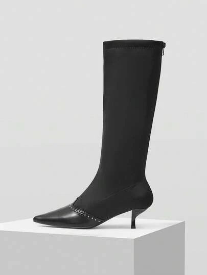 Mnmlis 女士时尚及膝靴，尖头细跟低跟弹力靴，拼接设计及膝靴，优雅派对时尚，性感独特，秋冬休闲及膝靴