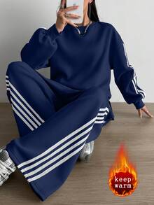 Aidyla Set de 2 sudaderas con capucha de felpa con rayas de color contrastante, estilo callejero de moda