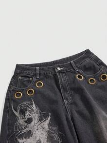 ROMWE Grunge Punk 宽松复古风动漫人物荆棘印花低腰牛仔裤，休闲街头风 - 黑色 - 查看 3