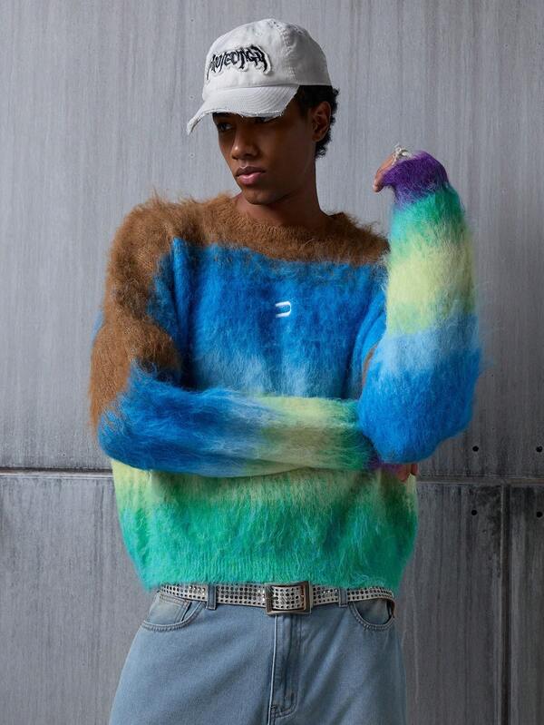 NEON BLANC Men's Contrast Color Round Neck Drop Shoulder Long Sleeve Casual Loose Knit Sweater, Autumn/Winter,Wool