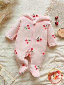 SHEIN Vintaside Kids Newborn Simple Stylish Cute Polka Dot Long Sleeve Hooded Fleece Romper Pajamas - Baby Pink - View 4