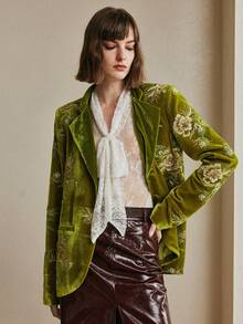 Arave Women's Velvet Fabric, Rounded Placket, Padded Shoulders, Sequined And Beaded Embroidery Design, Everyday Commuting, Regular Winter Coat For Women New Year's For Women Valentine's Day - Green - View 5