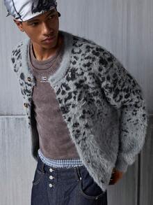 NEON BLANC Men's Round Neck Long Sleeve Front Button Fashionable Leopard Pattern Cardigan Sweater, Winter - Grey - View 4