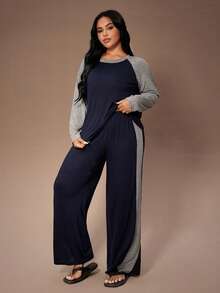 Lazeform Plus Size Women American Casual Raglan Sleeve Round Neck Long Sleeve Top & Straight Leg Pajama Set Plus Size Loungewear Set 2 Pieces Lounge Sets Woman Long Sleeve Lounge Set Plus Size Long Sleeve Lounge Set Loungewear Set, Fall & Winter Clothes - Navy Blue - View 1