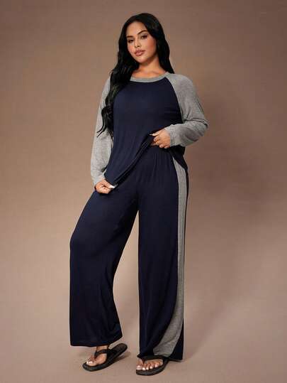 Lazeform 大码女式美式休闲插肩袖圆领长袖上衣和直筒裤睡衣套装，大码家居服两件套，女士长袖家居服套装，大码长袖家居服套装，秋冬服装