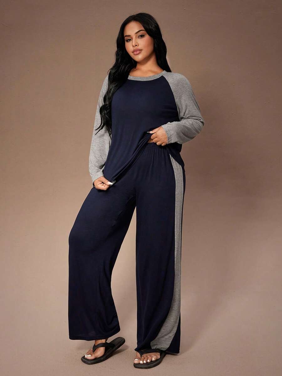 Lazeform Plus Size Women American Casual Raglan Sleeve Round Neck Long Sleeve Top & Straight Leg Pajama Set Plus Size Loungewear Set 2 Pieces Lounge Sets Woman Long Sleeve Lounge Set Plus Size Long Sleeve Lounge Set Loungewear Set, Fall & Winter Clothes - Navy Blue - View 1