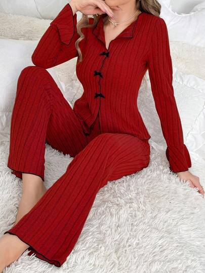 SHEIN 女士休闲蝴蝶结装饰睡衣套装 秋冬服装