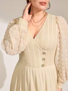 Momelise Plus Size V-Neck Casual Fuzzy Ribbed Waist Flared Solid Color Dress, Autumn/Winter - Apricot - View 7