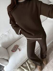 Flirla 2 件套女士撞色饰边圆领落肩长袖宽松开衩针织毛衣套装