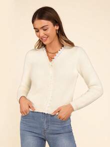 Coeurva Cardigan tricoté moelleux avec bordure en dentelle guipure, hauts à manches longues pour l'automne/l'hiver - Beige - Voir 6