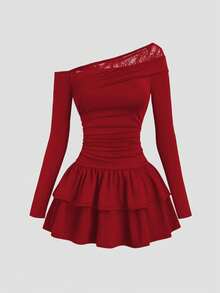 Sweetra New Fashion Lace Patchwork Oblique Shoulder Elegant Commuting Daily Wear Cinched Waist Ruffle Hem Mini Dress For Women - Rose Red - View 3