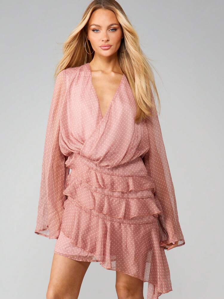 MISSGUIDED Wrap Bell Sleeve Ruffle Asymmetric Chiffon Mini Dress V