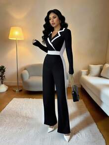 Rafferiza 女士优雅通勤束腰拼色连体裤 - 黑與白 - 查看 3