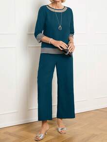 Miaspire 2pcs/Set Women Casual Striped Patchwork Top & Pants Outfit