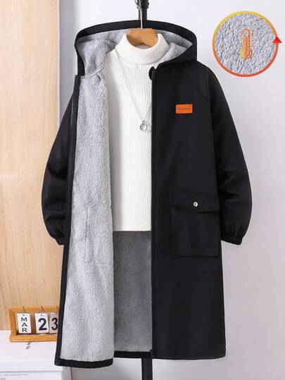 SHEIN Tween Boys' Casual Thermal Lined Hooded Mid-Length Thick Woven Jacket, Suitable For School, Garden, Beach, Birthday, Spring, Summer, Autumn, Winter;Warm And Comfortable, Black;Boys Winter Clothes;Boys Fall Clothes