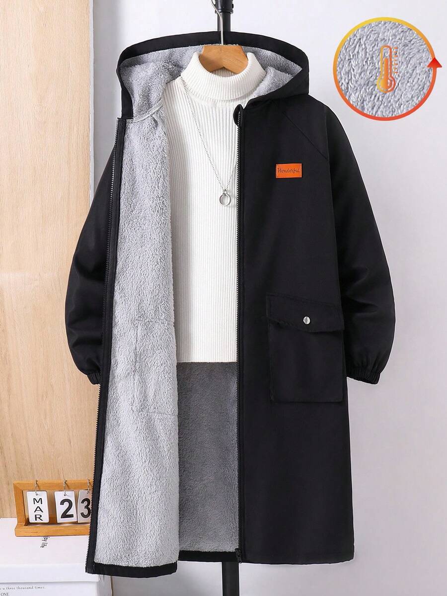 SHEIN Teen Boy Applique Thermal Lined Hooded Long Sleeve Jacket, Autumn/Winter Flash Burgundy Boho Goth Y2k Streetwear Rave Vacation Holiday Party Festival Fall Winter Winter Clothes Retro Vintage Casual Cozy - Black - View 1