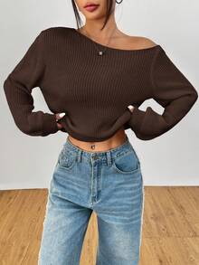 SHEIN PETITE 套头衫白色女士长袖毛衣可斜跨肩穿，适合秋冬季 - 棕色 - 查看 6