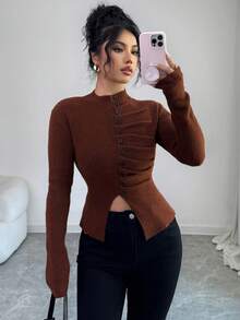 SHEIN Elenzya 女士时尚高领假门襟侧边荷叶边纽扣装饰不对称下摆修身套头毛衣 - 棕色 - 查看 1