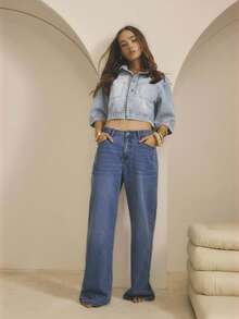 Aralina Áo sơ mi denim tay ngắn đính đinh tán mùa đông/hè - Rửa nhẹ - Xem 8