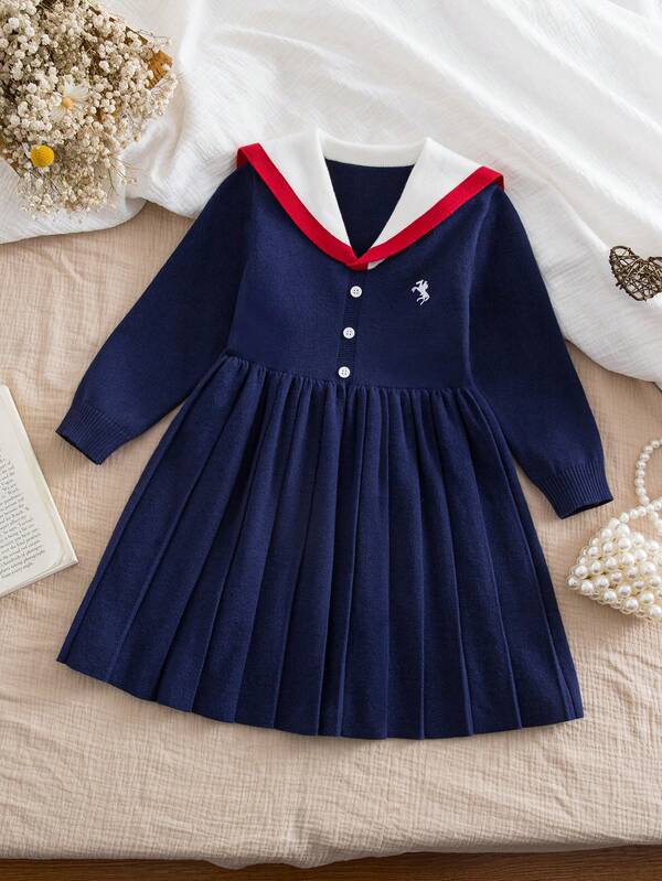 Mädchen Strickkleid mit gesticktem Muster, lange Ärmel, modischer französischer Stil, Herbst/Winter