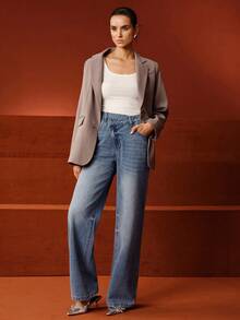 Anewsta 时尚拼接蓝色牛仔直筒裤，适合秋季、冬季、春季、新年、派对、优雅、时尚、圣诞节、节日、假日、外出、休闲等场合。 - 藍色 - 查看 6