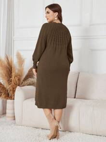 Lacomfia Gaun Rajut Elegan Wanita Ukuran Besar dengan Motif Kabel, Leher Bulat, Lengan Raglan, Lengan Panjang, Musim Gugur/Musim Dingin - Coffee Brown - View 2